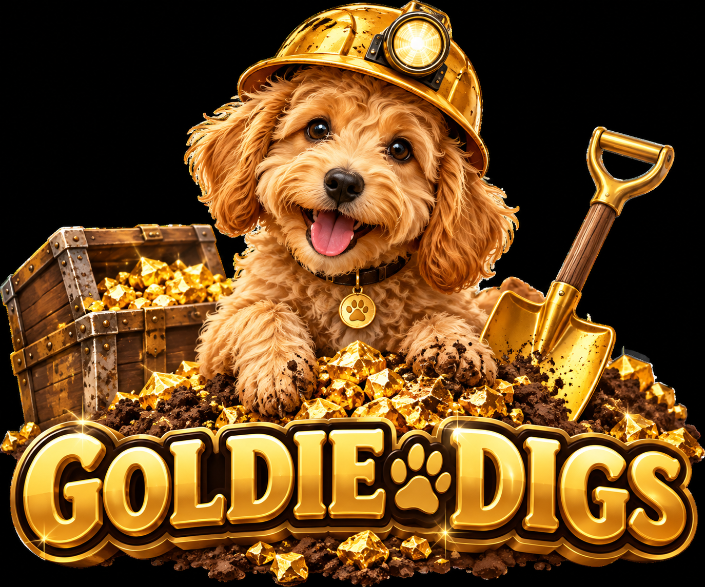 Goldie Digs treasure-hunting Goldendoodle mascot